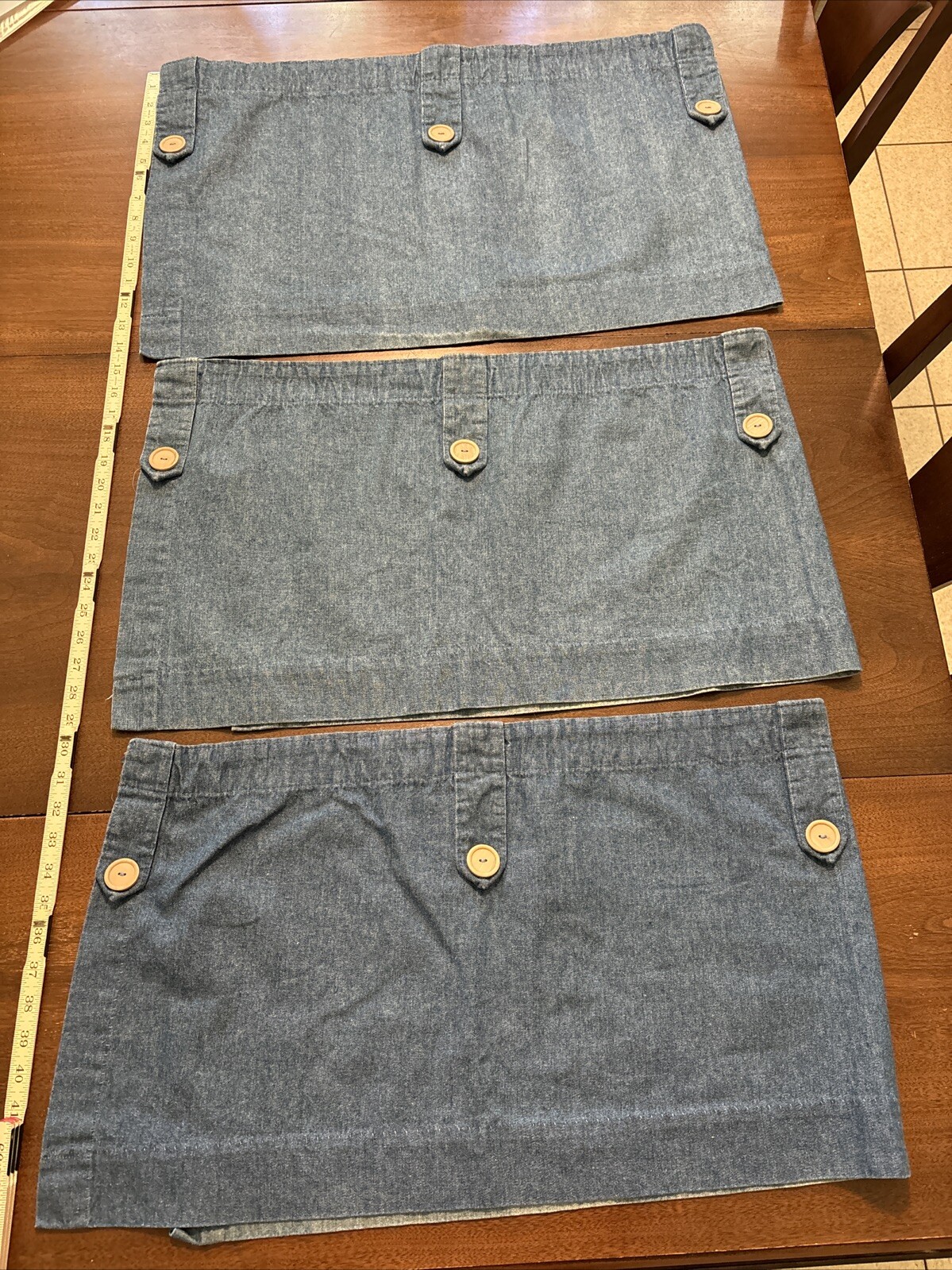 3 Curtain Valances BLUE DENIM JCP 24″W x 14″L Button Tabs VGUC