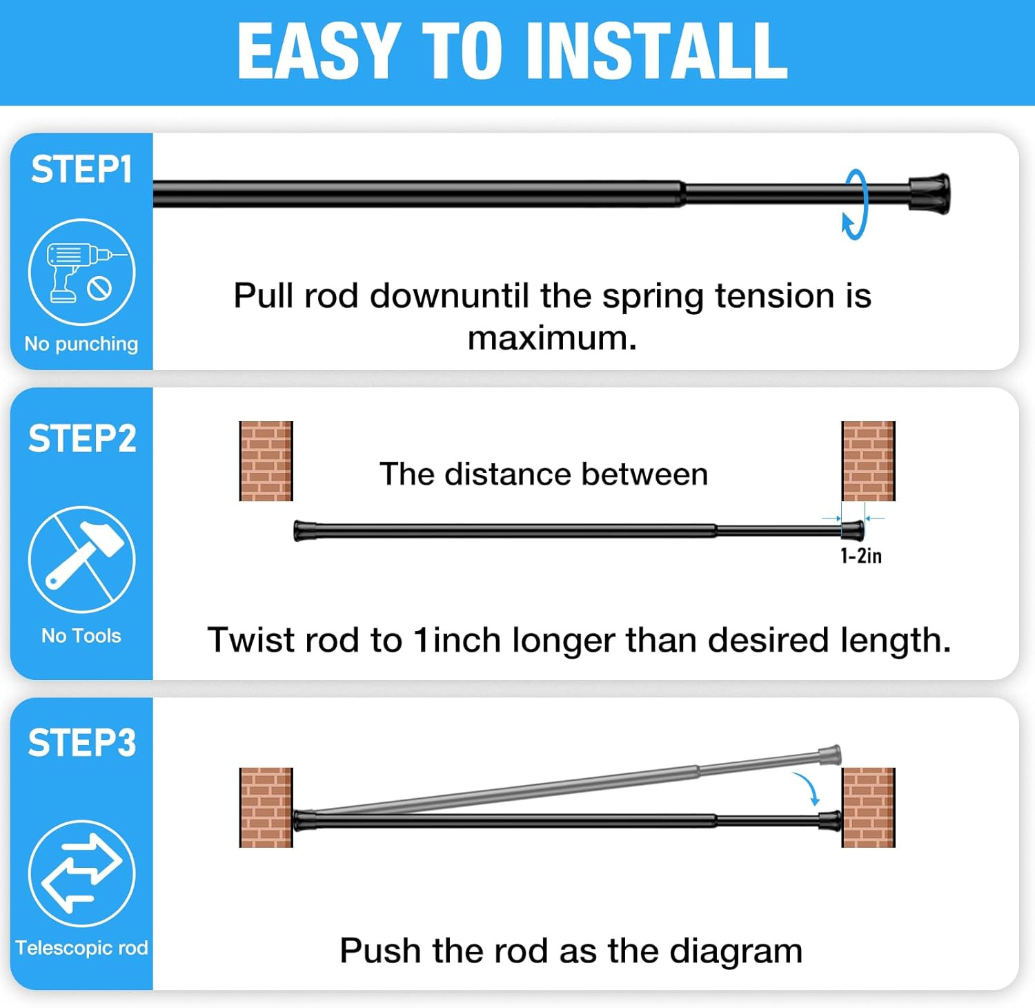 2 Pack Spring Tension Rods 28-48 Inches,5/8″ Diameter Black Spring Load Adjustab