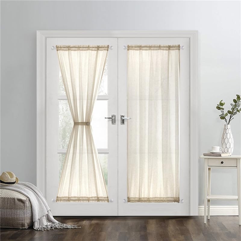 2 Panels French Door Curtains Faux Linen Sheer Drapes, Including Tiebacks