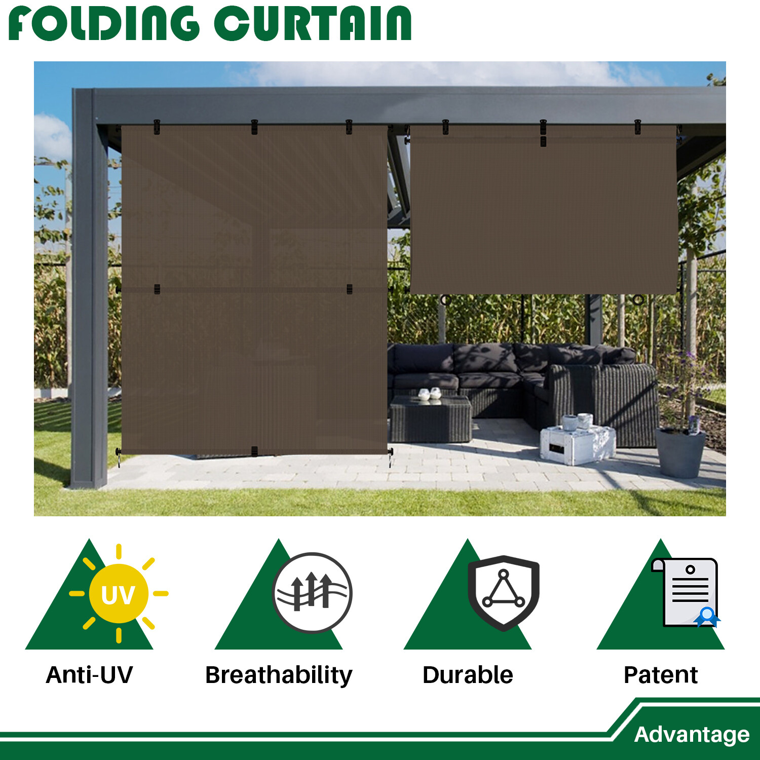 Outdoor Brown Roll up Shade Foldable Curtain For Patio Porch Pergola Balcony