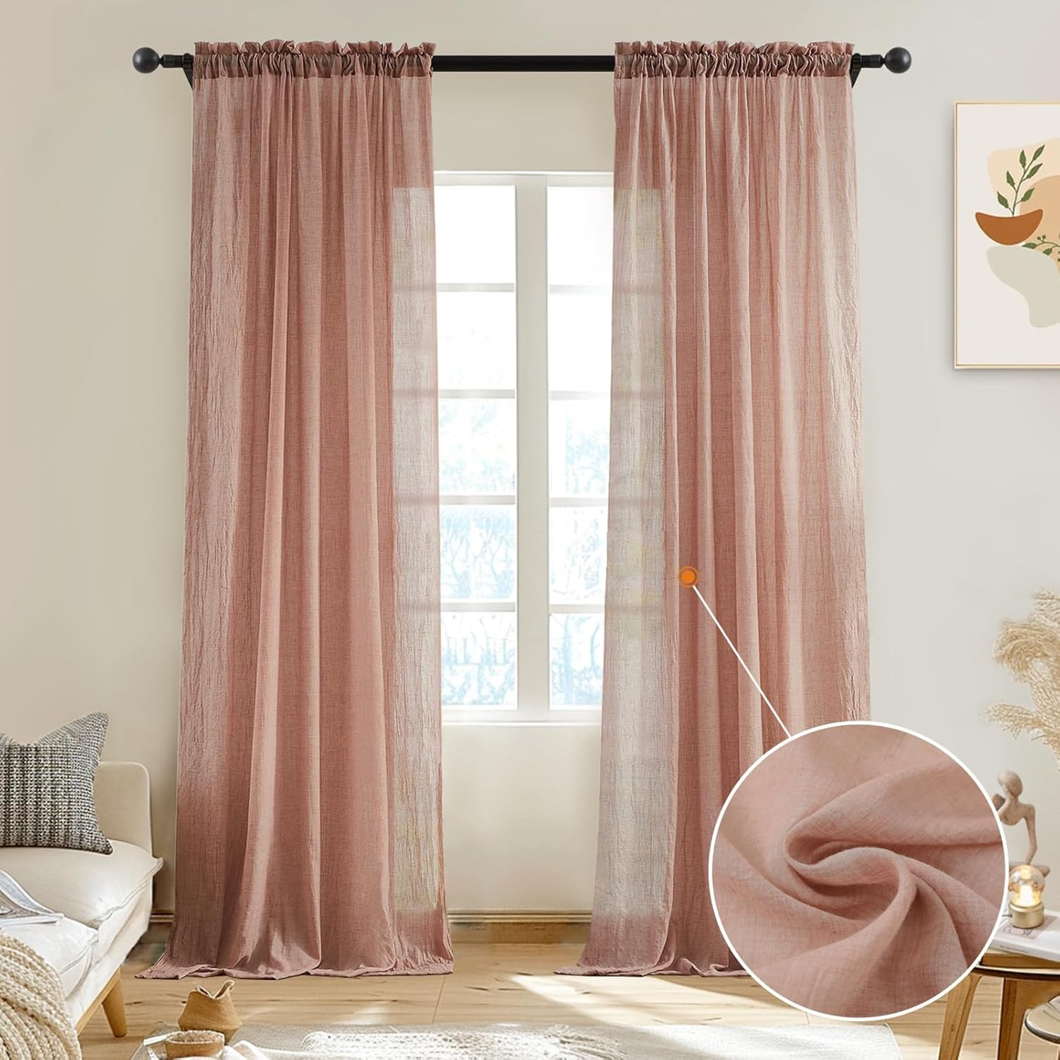 Blush Pink Sheer Curtains 72 Inches Long for Bedroom, Natural Light Filtering Co