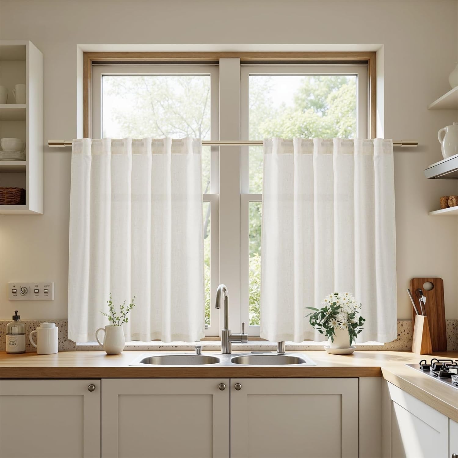 Long Curtains for Kitchen Linen Blend Semi Sheer Back Tab and