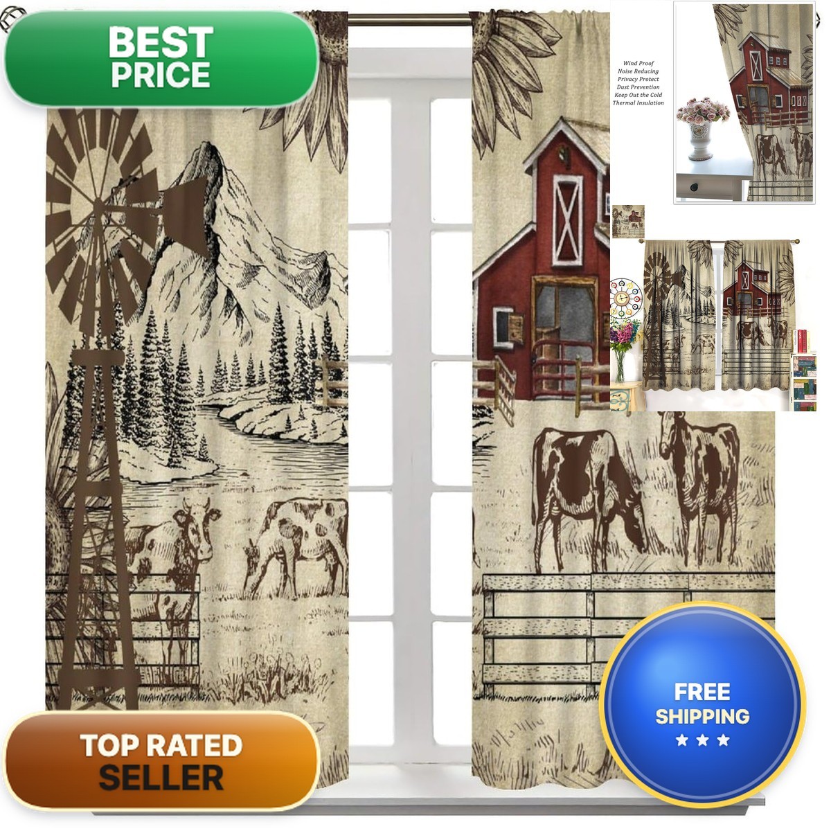AuiMzoo Blackout Curtains Vintage Windmill Rustic Cow Barn 42X45 Inch