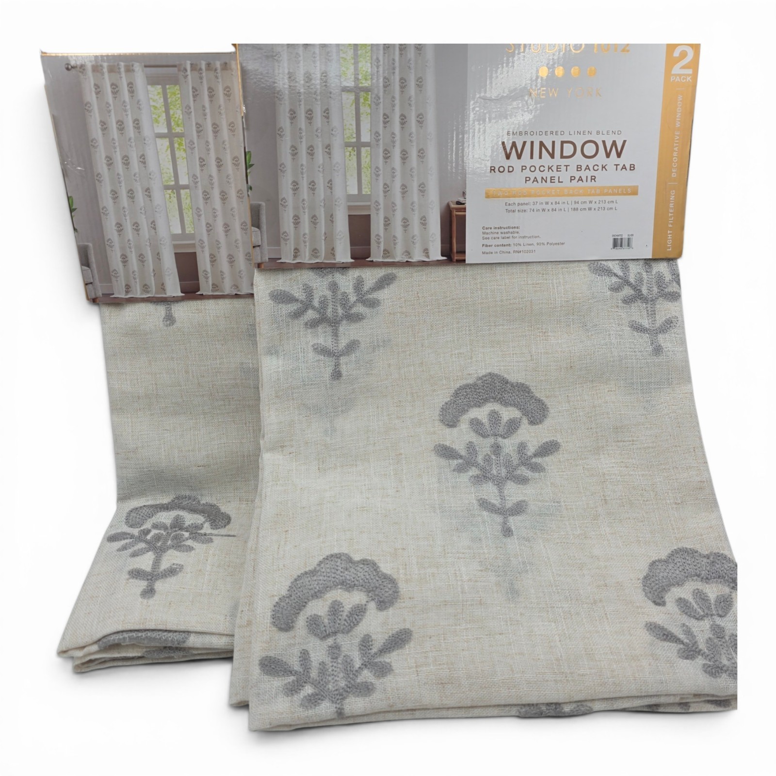 Studio 1012 Set of 4 Botanical Embroidered Curtains 37×84 Linen Blend Gray