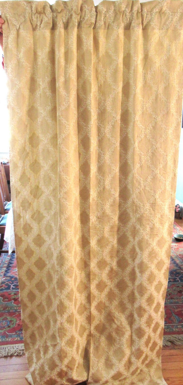 2 Damask Drapery Panels Tan Medium Weight Cotton Blend Unlined Custom Look 85″ L