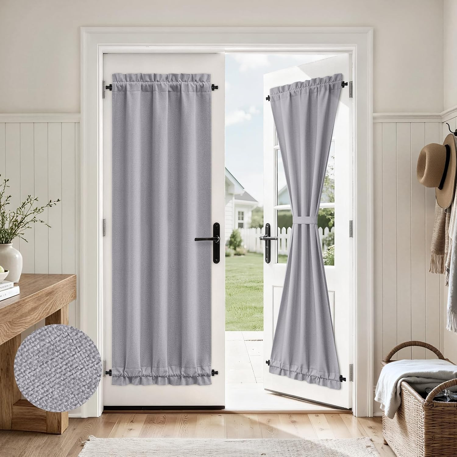 100% Blackout Linen French Door Curtain, Modern Farmhouse Door Window Curtains D
