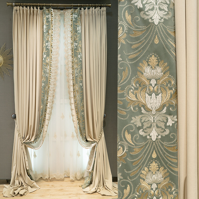 High-grade velvet bedroom embroidery beige cloth blackout curtain drape C1778