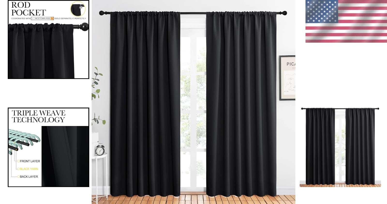 Art Deco Black Blackout Drapes – Noise Reducing Window Treatments (Pack of 2)