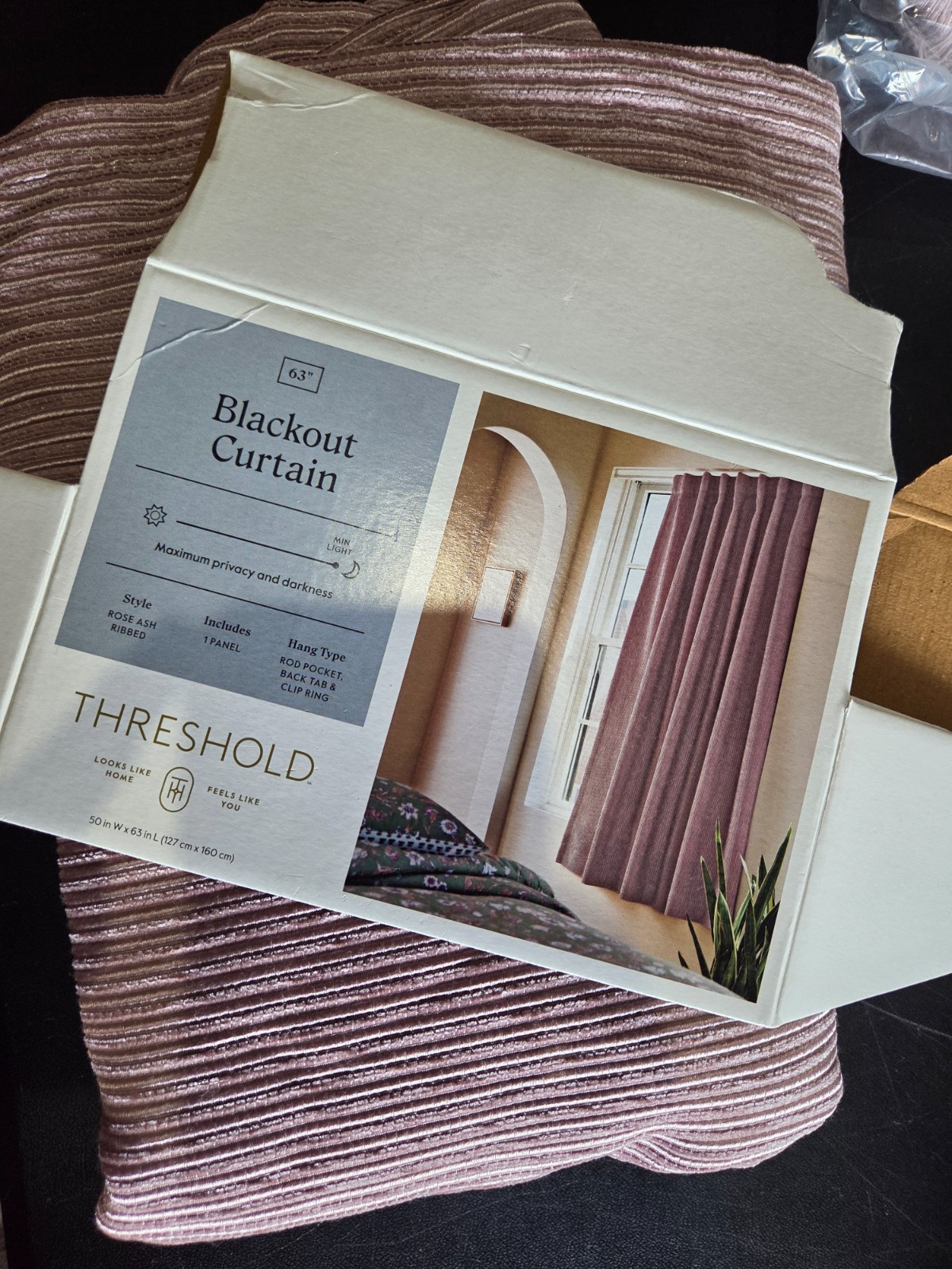 Threshold Blackout Corded Ribbed Curtain Panel Rose Pink Indoor Use 50″x63″