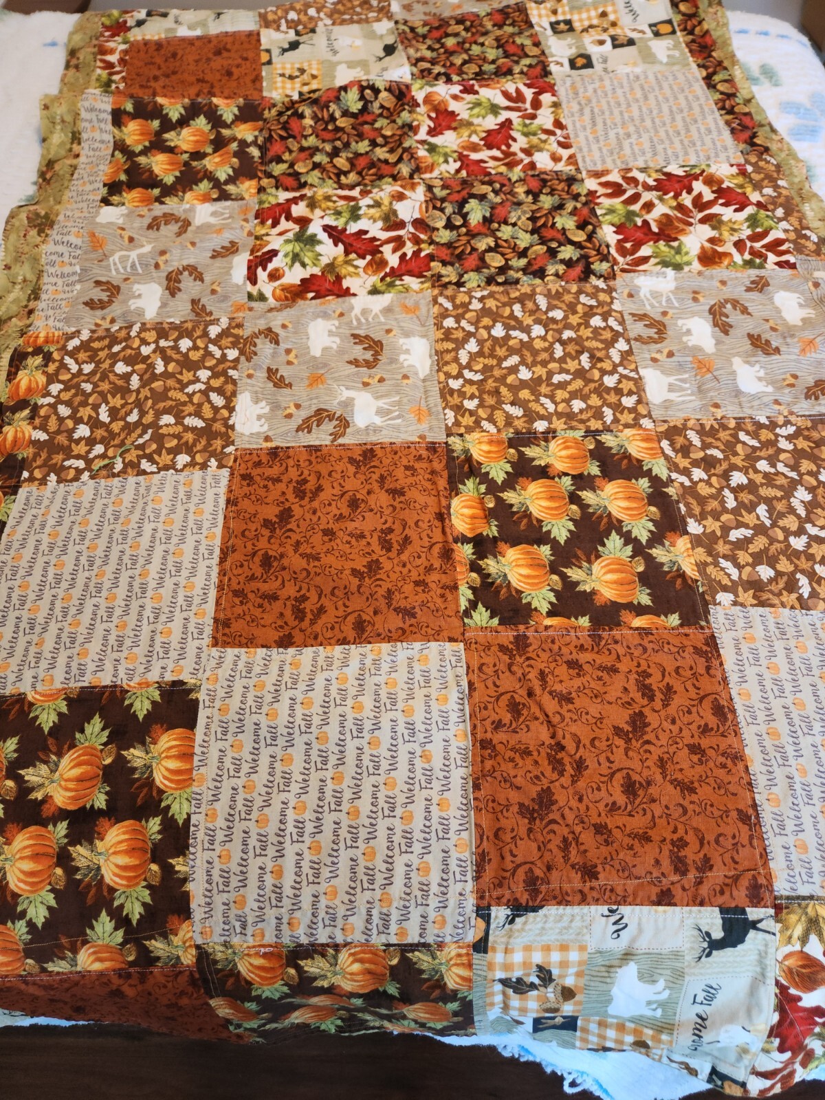 Vintage Handmade Patchwork Welcome Fall Brown Orange Curtain Fabric 38″ x 62″