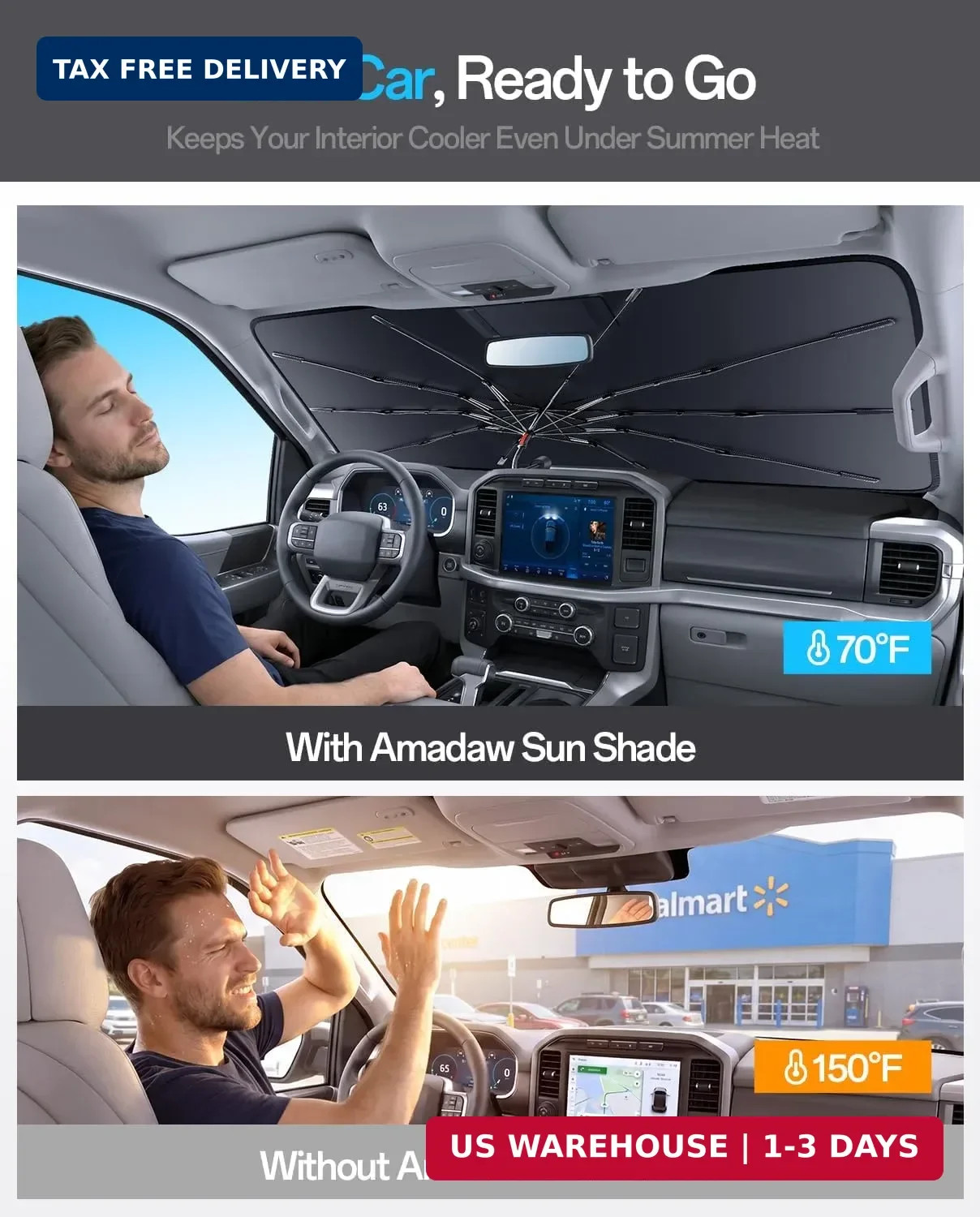 Truck Windshield Sun Shade for Ford F150 2015-2026, Foldable Umbrella Sunshade w