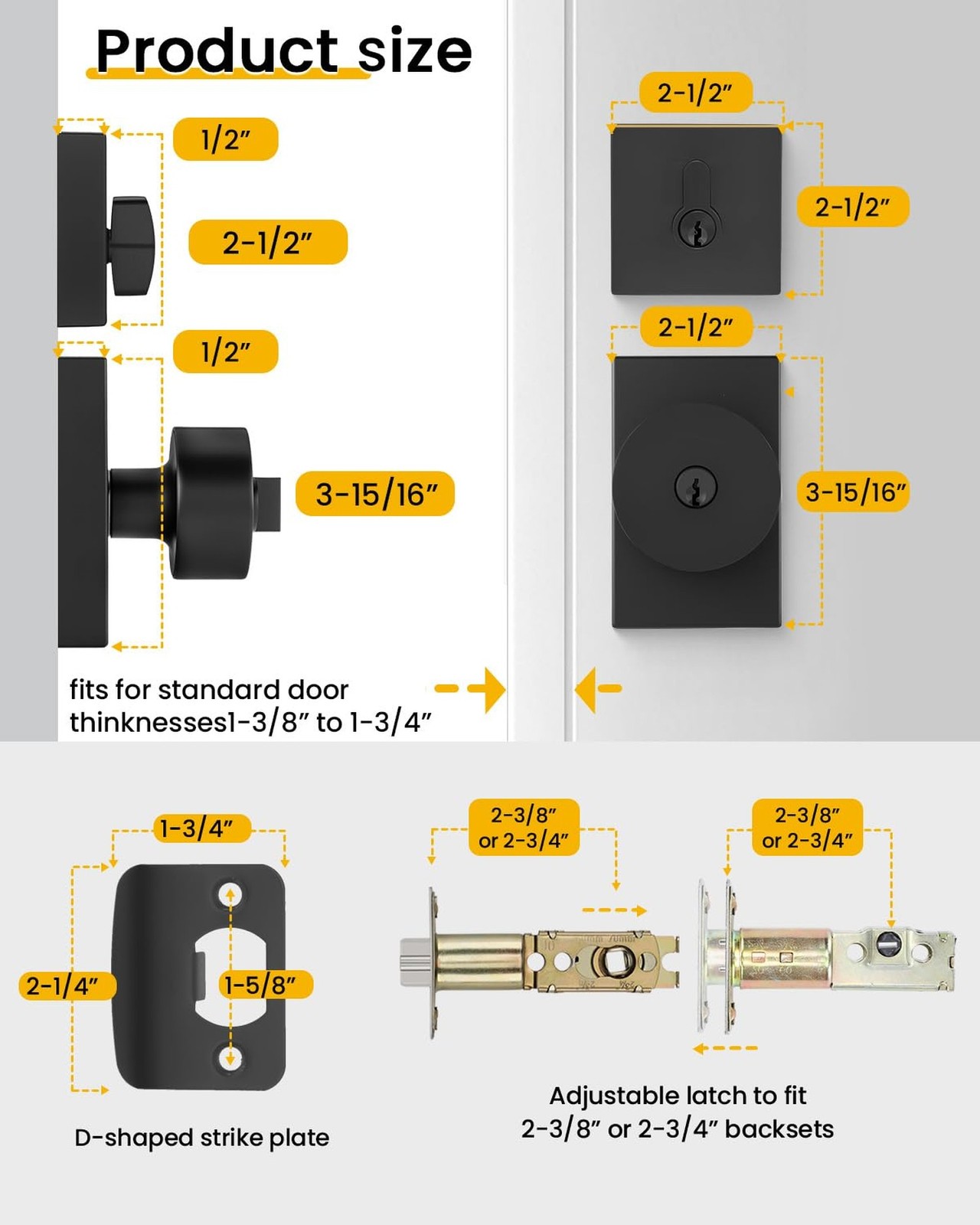 Goldenwarm Black Exterior Door Lock Set, Square Contemporary Keyed-Alike Matt…