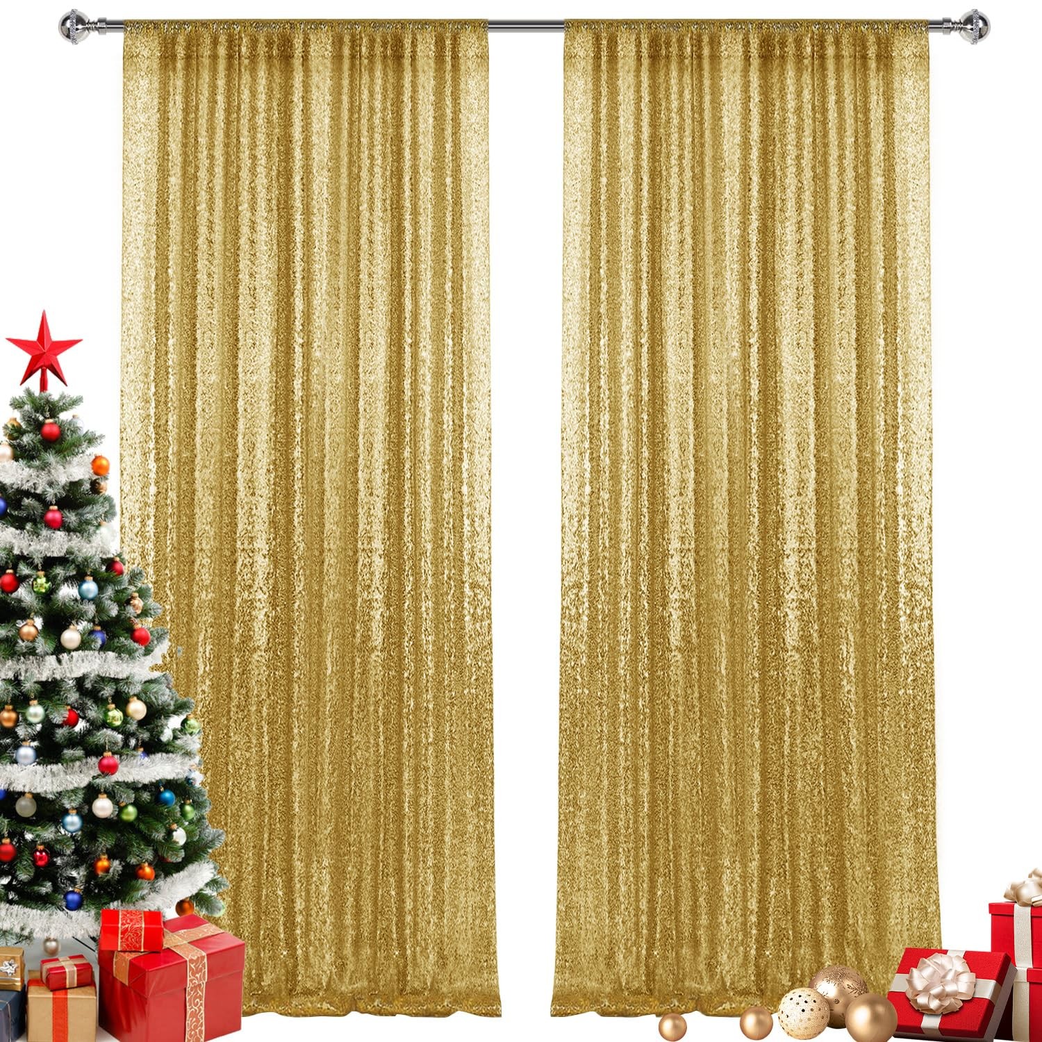 2×8FT-2PCS Gold Sequin Backdrop Curtains Panels Photography Backdrop Glitter …