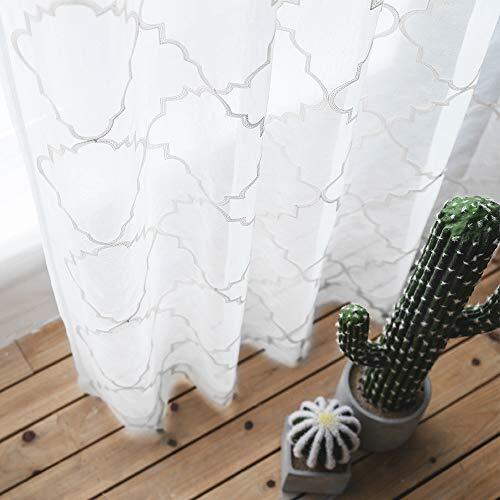Embroidered Moroccan Tile Lattice Design Sheer Curtains 52″Wx45″L Trellis White