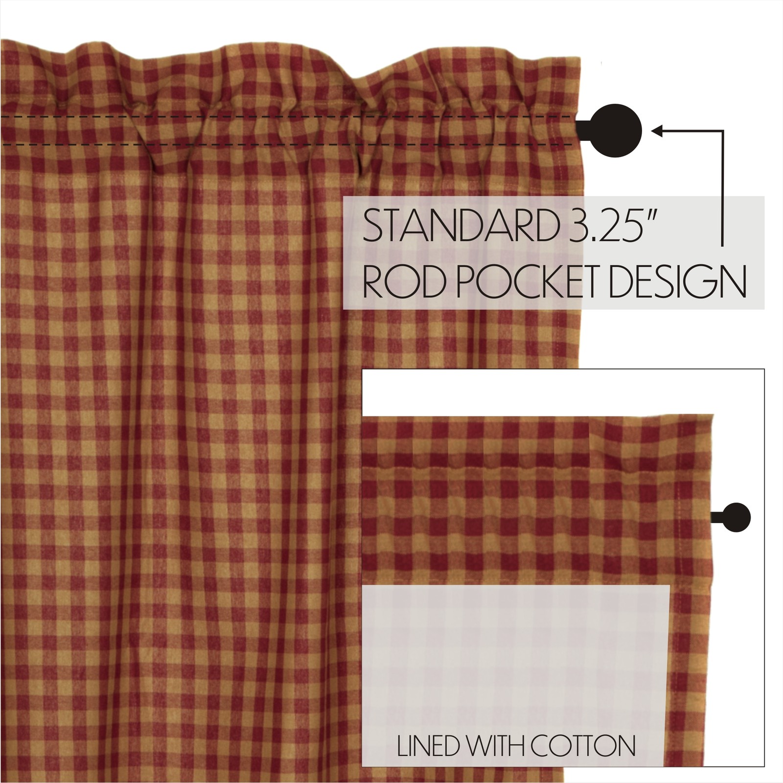 Primitive 84″x40″ Panel Pair Red Rod Pocket Burgundy Window Curtains VHC Brands