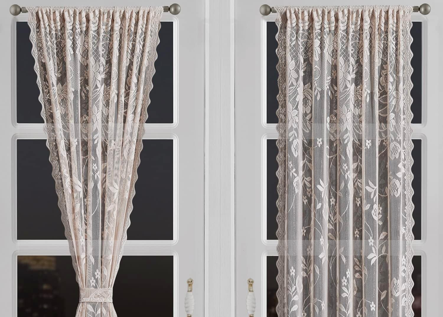 Pair of 2 Gold Linen Color Lace French Door Curtain Panels Are 30 Inch Wide by 7