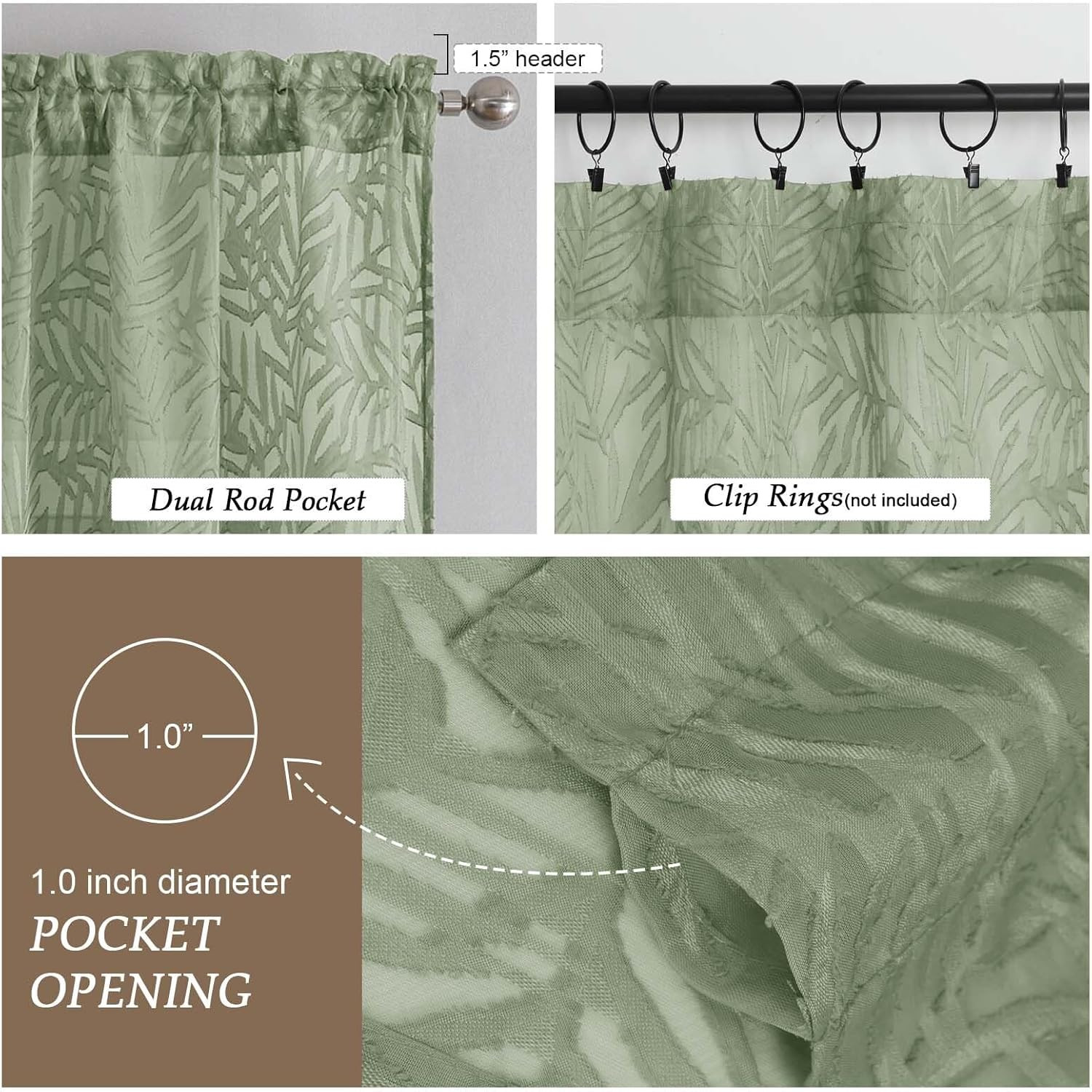 OVZME Sage Green Sheer Curtains 63 Inch Length 2 Panel, Light Filtering Bedroom