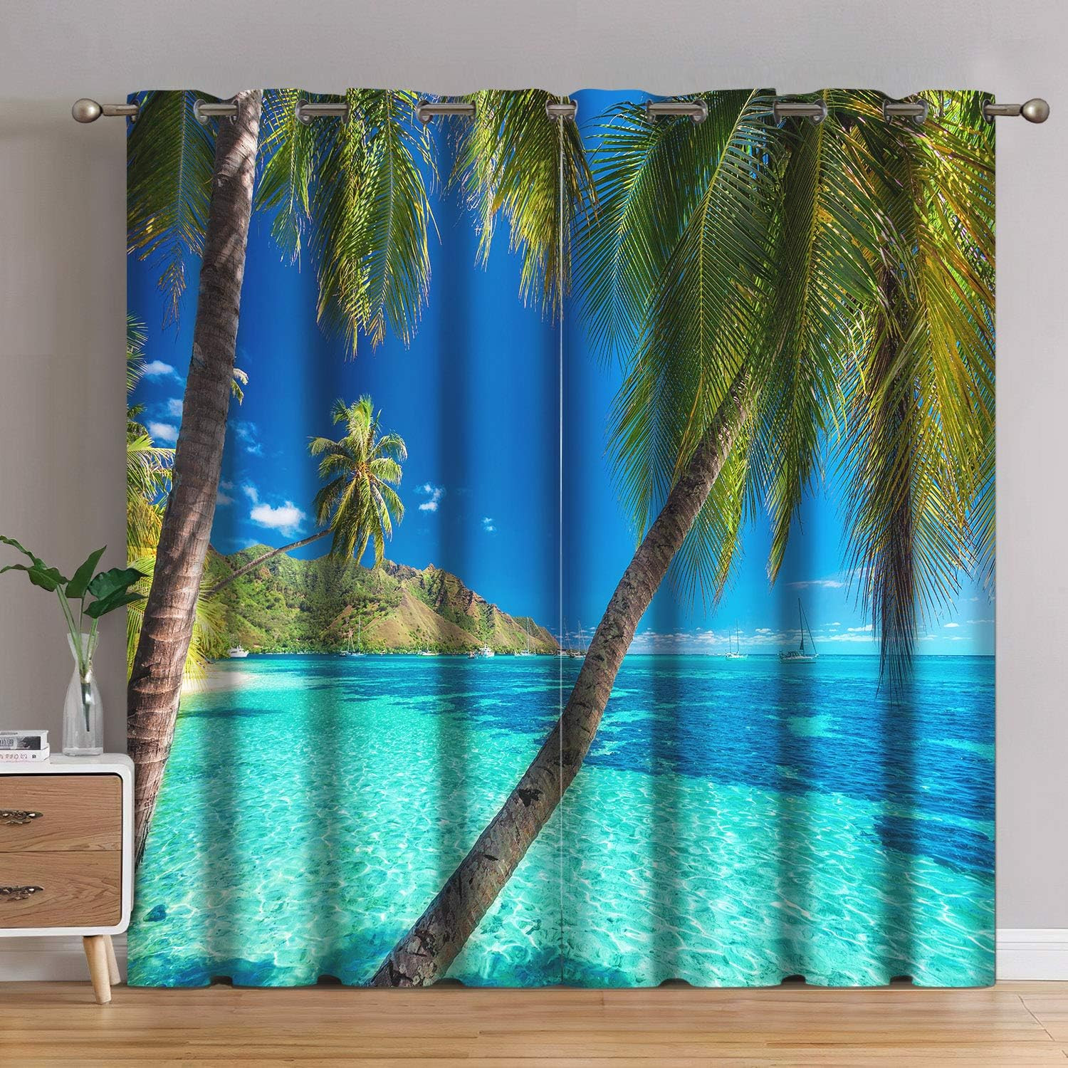 Ocean Palm Tree Blackout Curtains 84 Inch Tropical Beach Window Drapes Set
