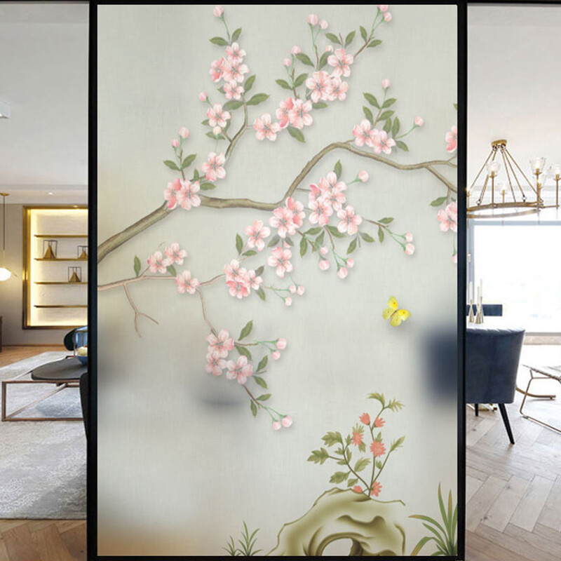 Chinese Flower Birds Style Privacy Window Film Statics Cling Frosted Home Decor