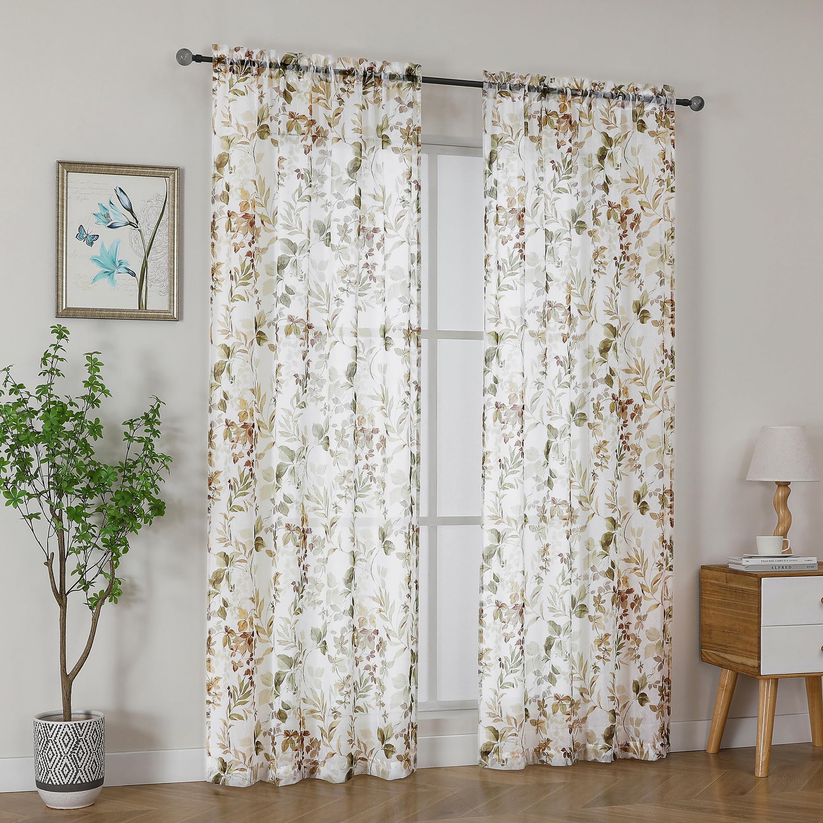 Crushed Sheer Curtains 63 Inch Length 2 Panels Set, Sheer Floral Curtians wit