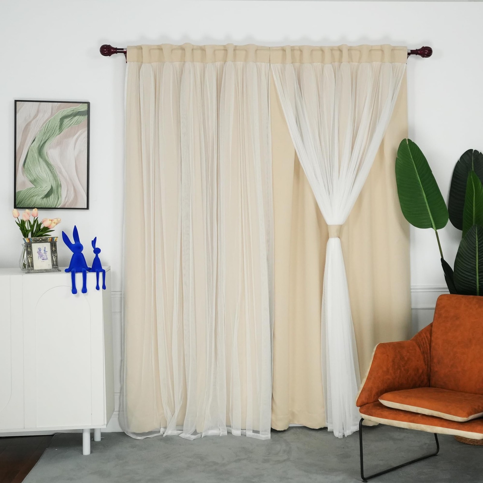 INLINAS 52 x 84 Inches Beige Blackout Curtains with Sheer Overlay – Back Tab …