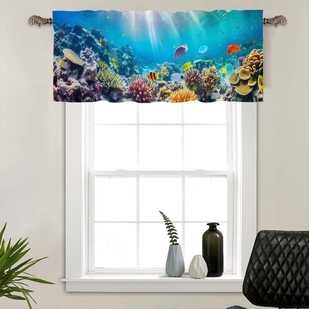 1 Panel Ocean Life Fish Window Valances, Coral Blue Animal Window Treatment Deco