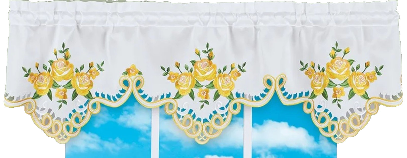 1 Embroidered Cut-out Window Valance (17″Lx58″W) SPRING FLOWERS,YELLOW ROSES, CE