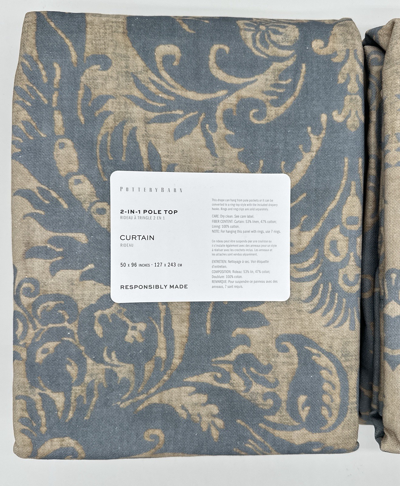 Pottery Barn~ Stella Damask Print Curtains~Set of 2~50 x 108~Steel Blue