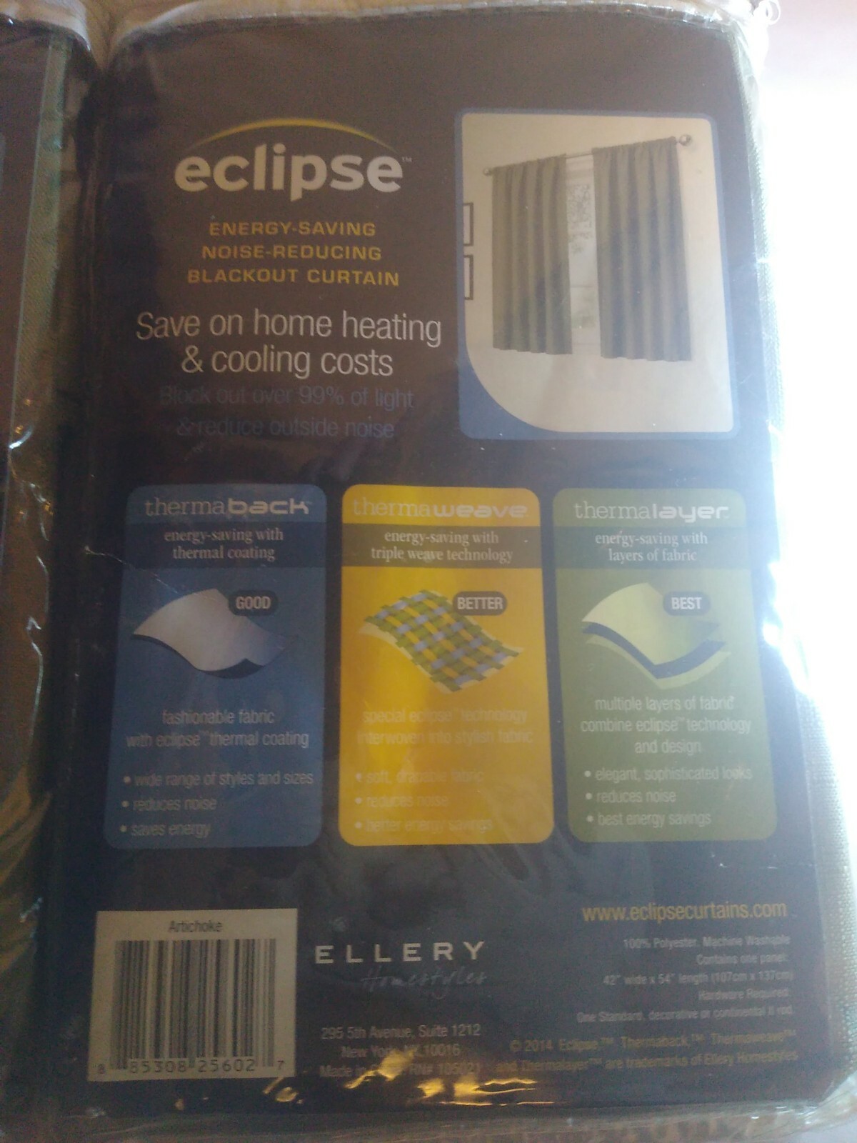 Esclipse therma back bedroom curtain blackout set 42in W x 54in L each artichoke