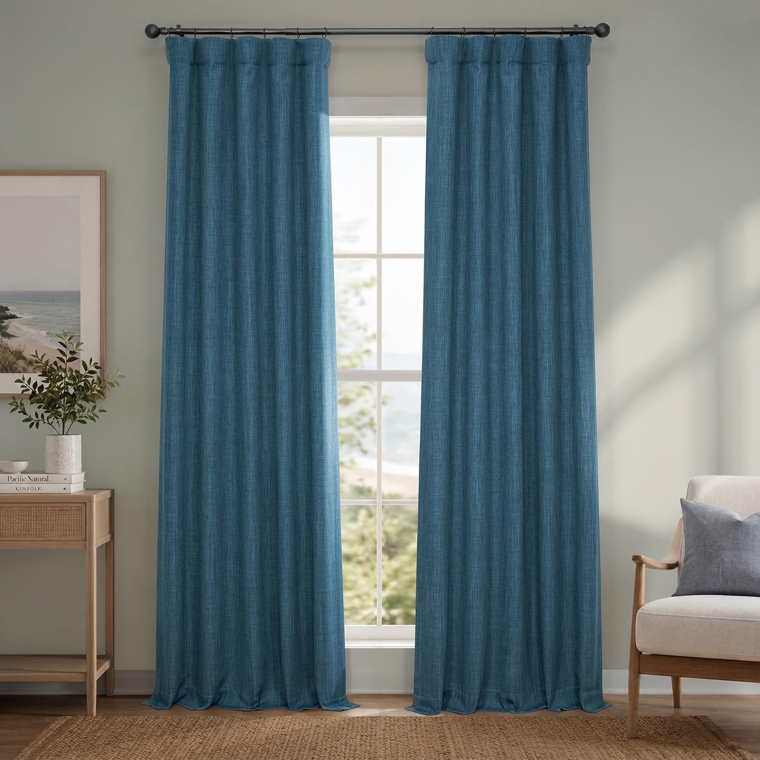 Faux Linen Curtains 50W X 96L Story Blue Room Darkening single panel