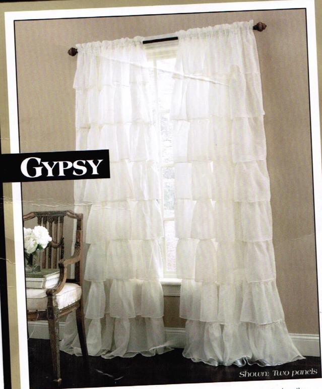 Two (2) Gypsy Ruffled Sheer Curtain Panels, Cream, 60″ wide by 63″long