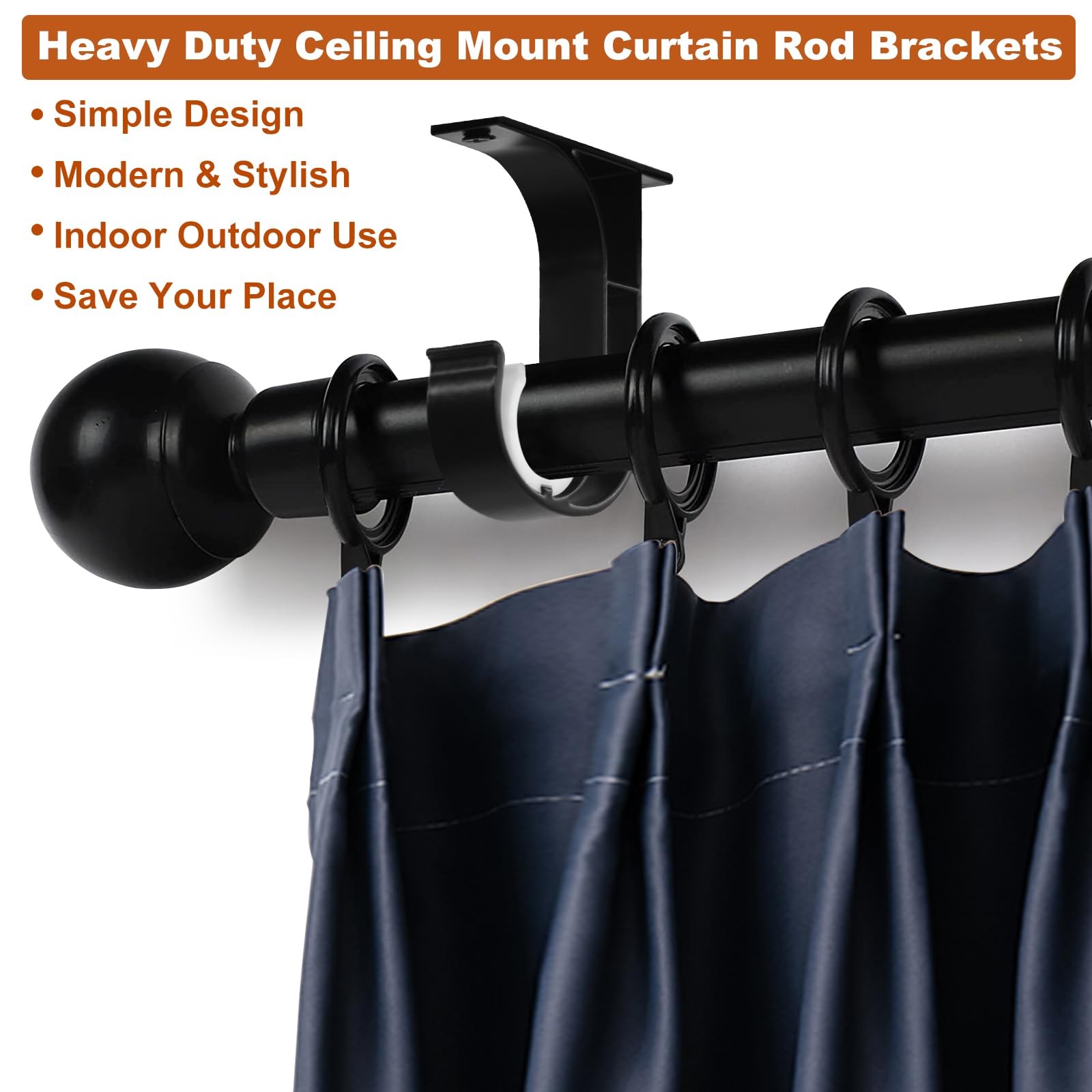 Aluminum Ceiling Curtain Rod Brackets Holders Hooks for 1 Inch Rod Black 6 PCS