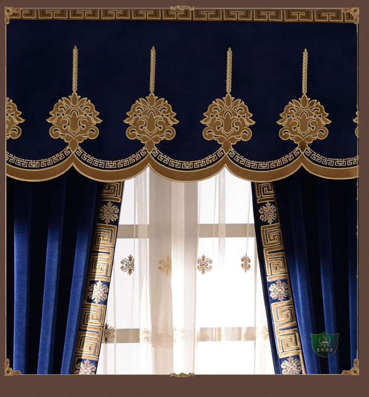 Luxury European American thick flannel embroidery blue cloth curtain tulle E989