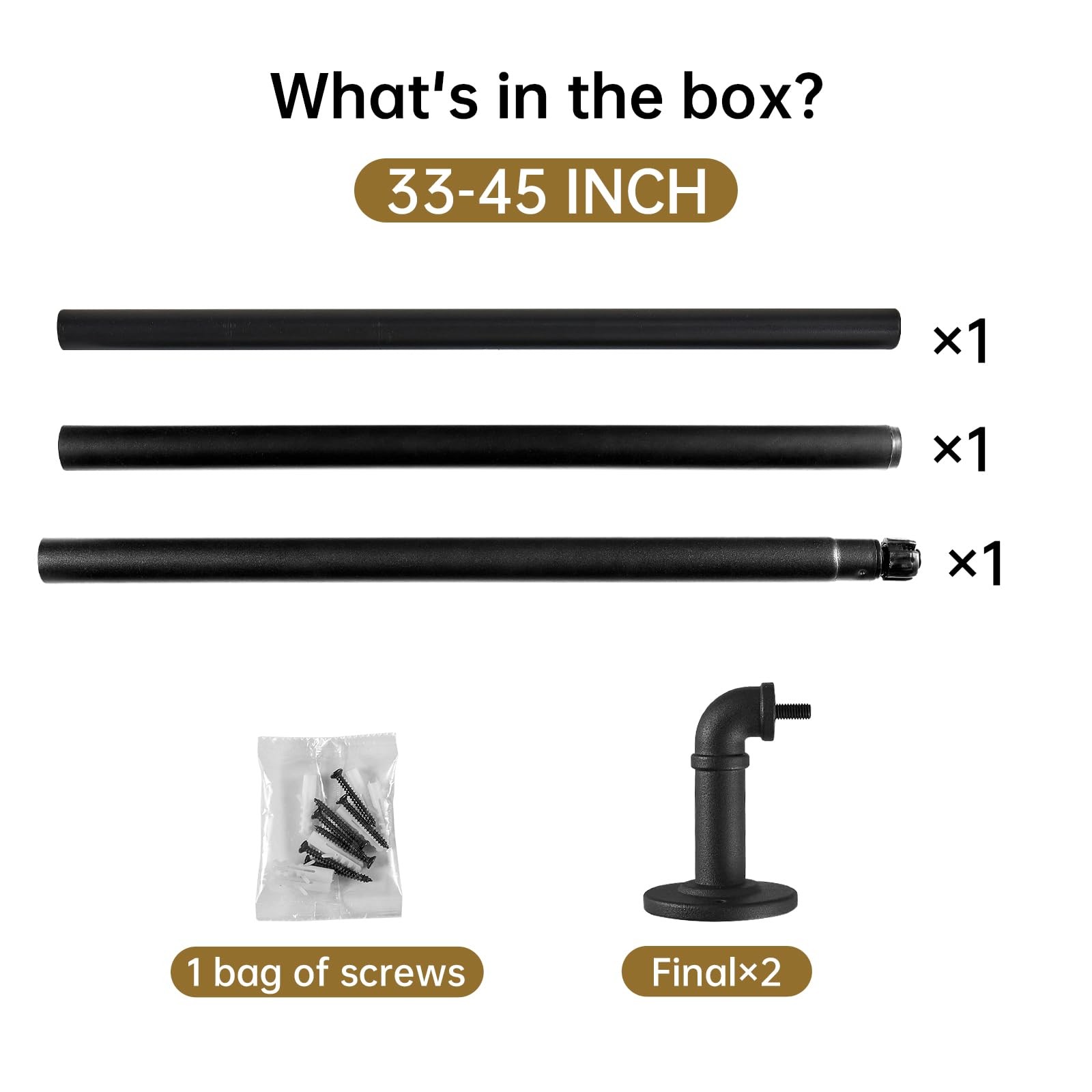 2 Pack Industrial Curtain Rods, 33 to 45 Inches, 5/8 Inch Diameter, Black