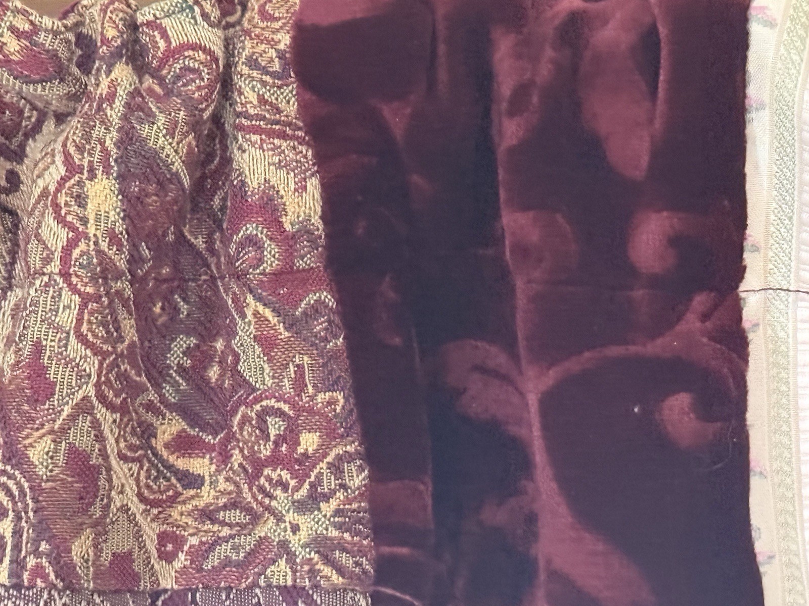 2 Scallop Patchwork Valances Burgundy Green Gold Velvet Tapestry Jarquard 54X18
