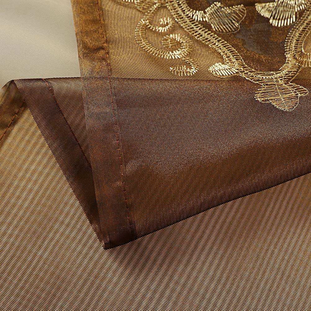 Elkca Luxury Embroidered Sheer Curtains For Living Room Chocolate Tulle