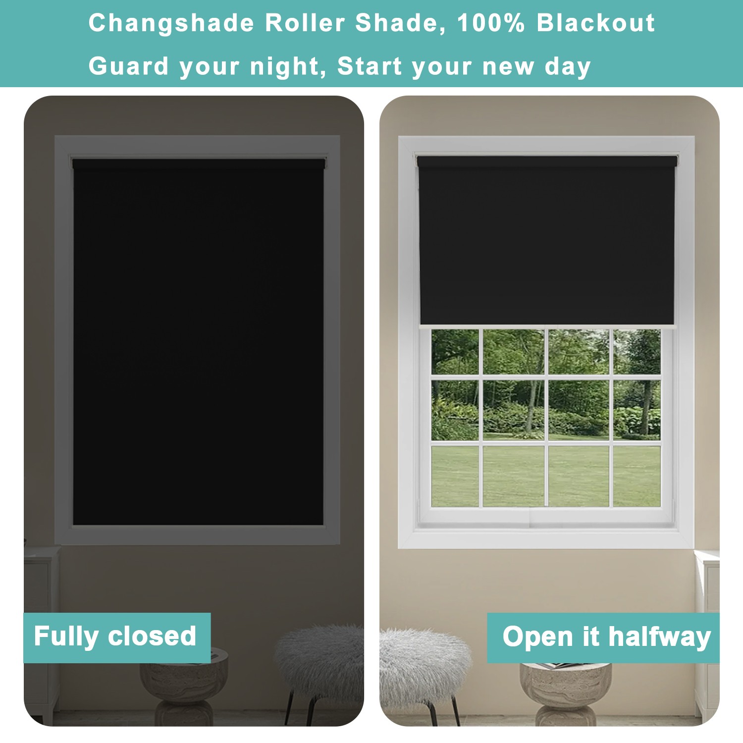 Changshade Cordless Blackout Roller Shade Room Darkening Rolled Up Blind