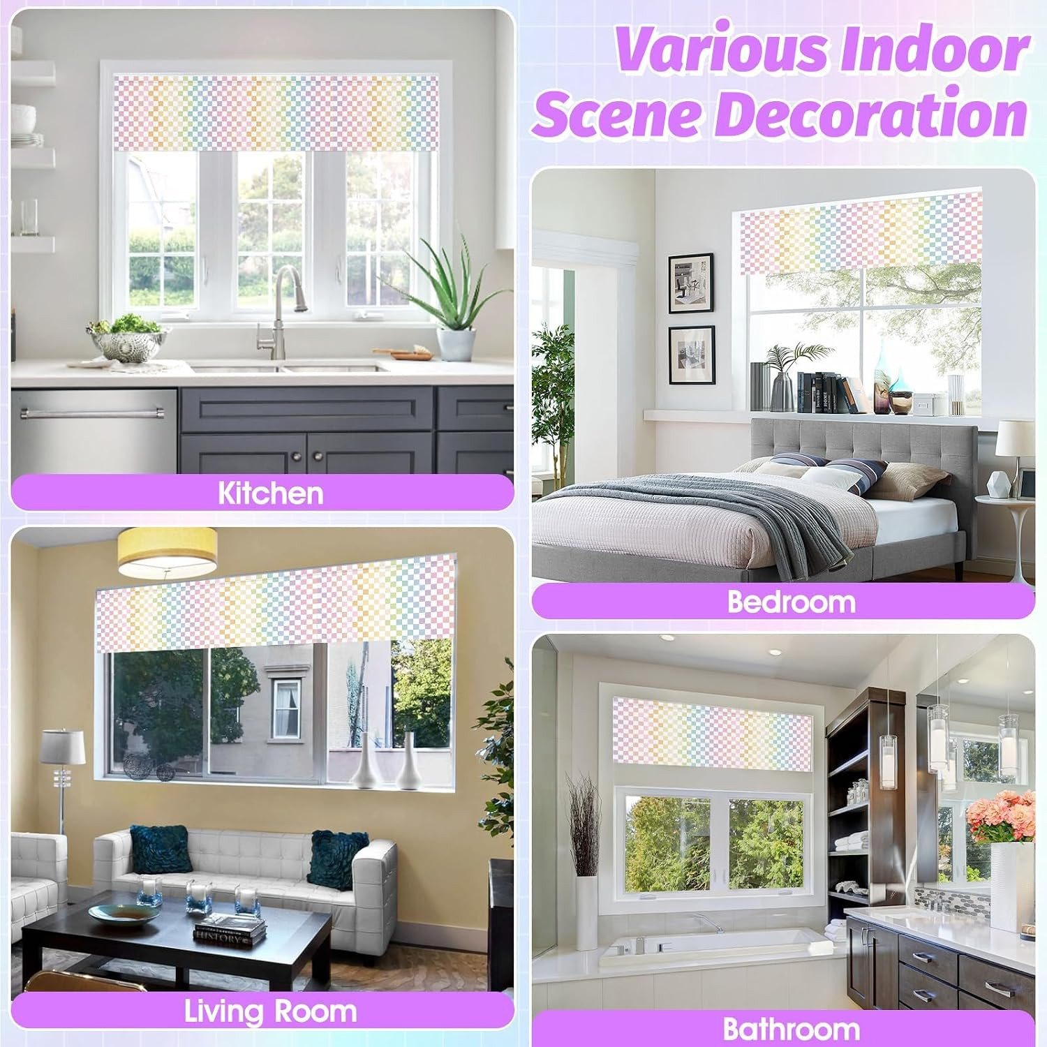 4PCS Pastel Checkered Classroom Curtains Rainbow Checkered Kitchen Valances for