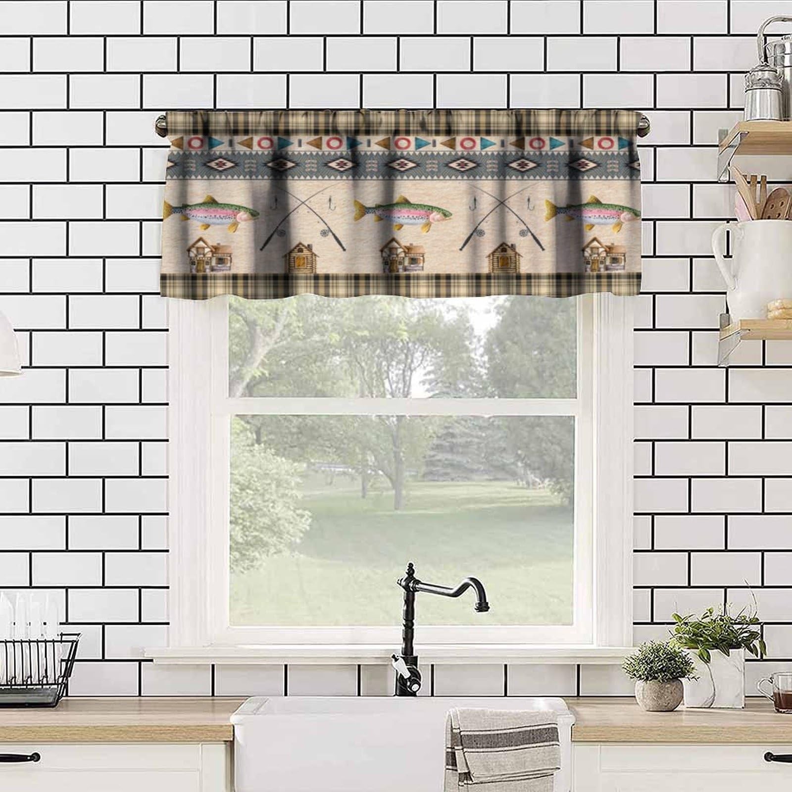 Rustic Farmhouse Kitchen Valances Curtain,Country Style Cabin Fishing Theme R…