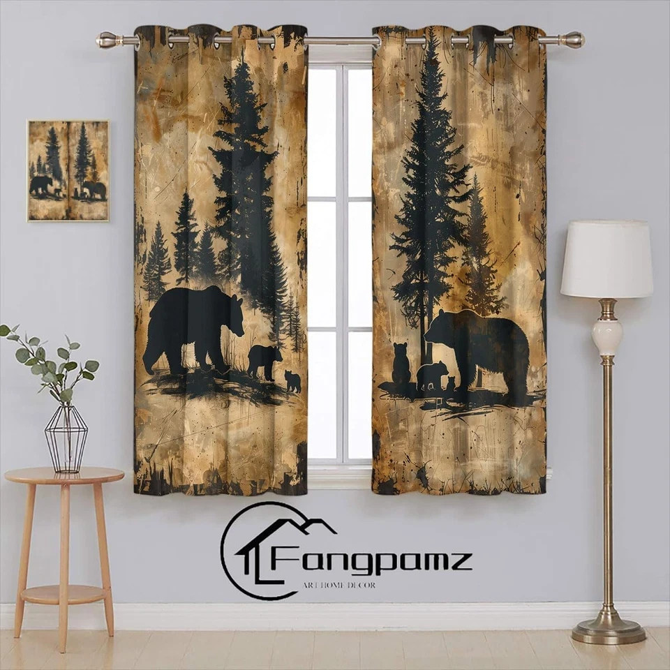 Rustic Bear Window Curtains for Kid Girls Boys Bedroom, Vintage Cabin Wildlif…