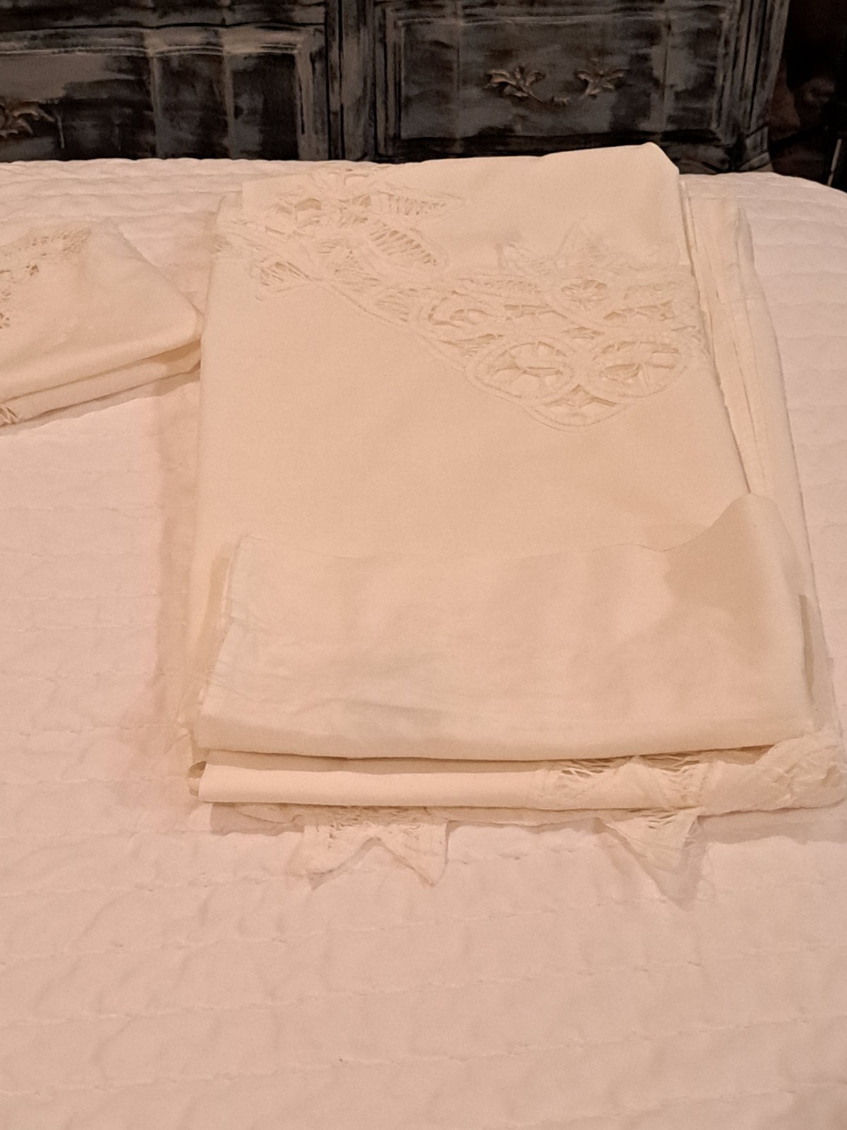 Set White Battenburg Lace Trim Window Curtain Valance Cotton Shabby Cottagecore+