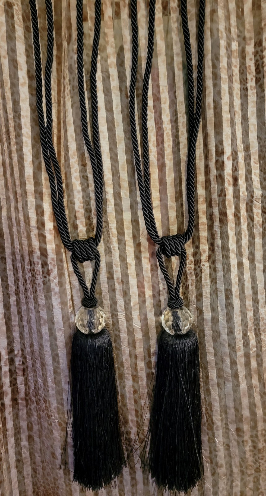 Elegant Dark Gray/Black Tassel Curtain Tie Back Crystal Accent Set of 2