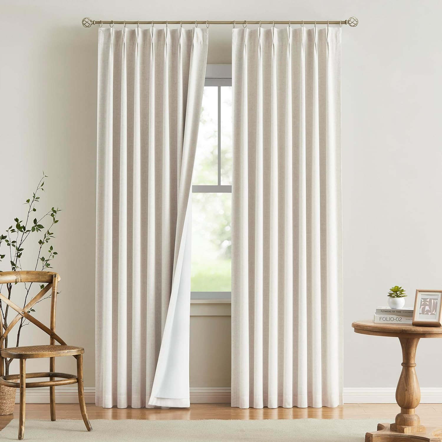 Natural Pinch Pleated Full Blackout Curtains Linen Blended Room