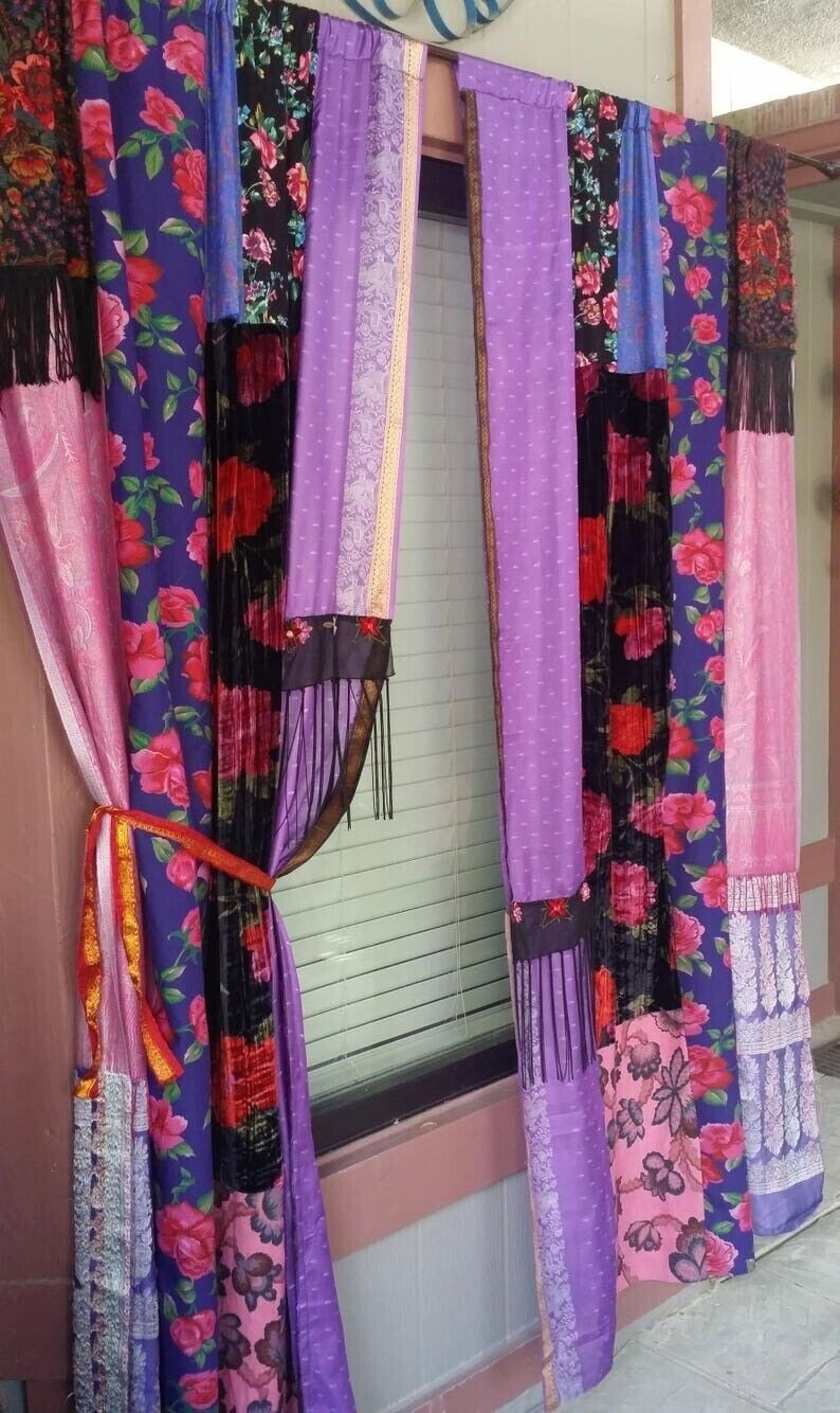 2 Pcs Indian Sari Patchwork Curtain Drape Window Decor Multi Silk Sari Curtain