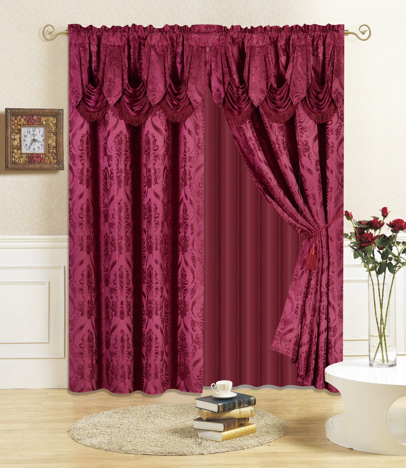 New 4 Piece Drape Set with Attached Valance and Sheer with 2 Tie Backs (84″ L…
