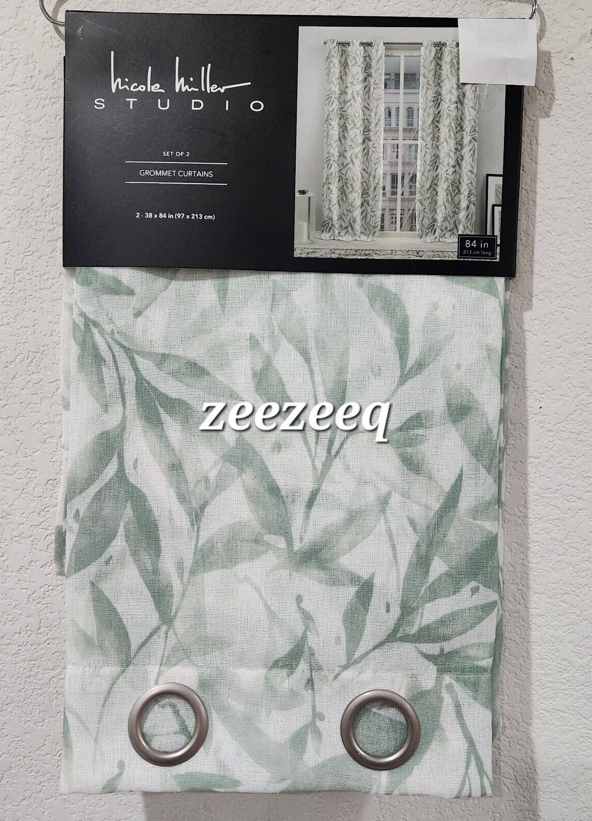 Nicole Miller Leaf Leaves Green Gromet Curtain Sheer Panels Set of 2