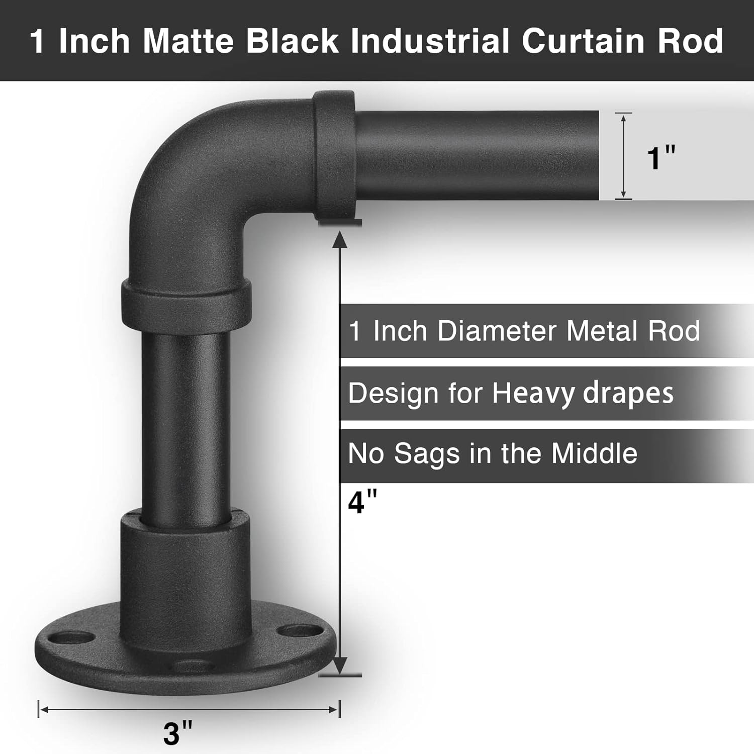 Industrial Curtain Rods – Matte Black Pipe Curtain Rod for Windows 48 to 84 inch