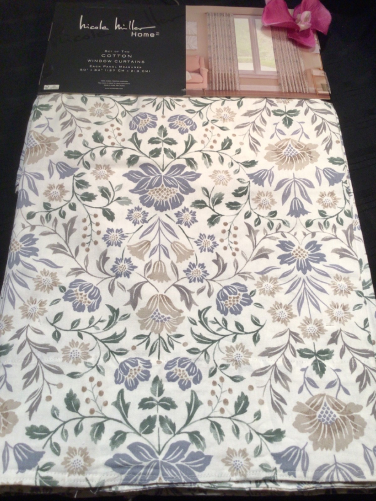 NICOLE MILLER Window Curtain Panels 50×84 Damask Floral cotton blue green white