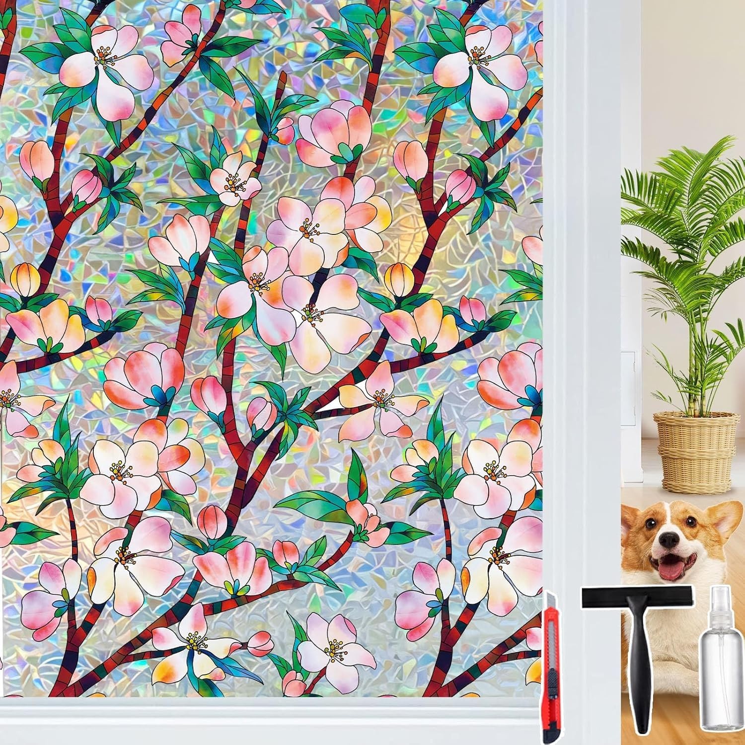 Rainbow Privacy Window Film, 3D Stained Glass Decals, Static 17.5 x 78.74 inches