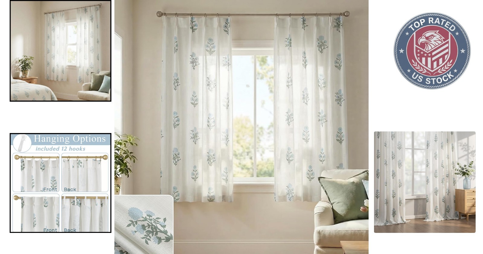 Pinch Pleated Floral Curtains 63 Inch – Vintage Beige White Pattern Set of 2